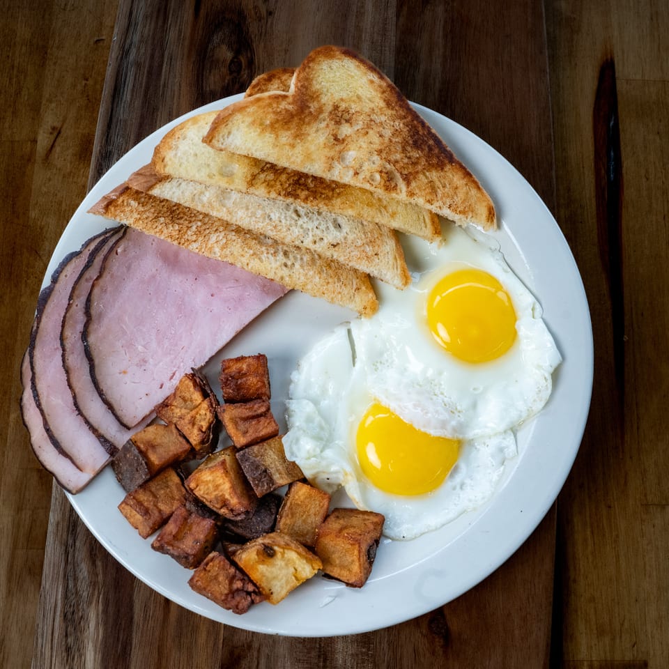 Breakfast plate with two fried eggs, toast, sliced ham, and crispy diced potatoes on a wooden table.